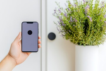Fototapete - Contemporary Smart Living Minimalist Smartphone Control of Home Security with Sleek Tech - Suburban Comfort and Safety Enhancement in Connected Home Ecosystems