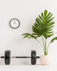 Poster - Scandinavian Fitness Studio Minimalist Dumbbell and Monstera on White - Modern Exercise Space Design and Professional Training Inspiration