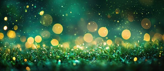Aufkleber - Abstract green spring background with bokeh effect showcasing defocused glitter lights and vibrant grass for seasonal themes.