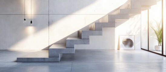 Aufkleber - Modern minimalist gray staircase in bright interior with natural light and greenery accents. Ideal for contemporary architectural design concepts.