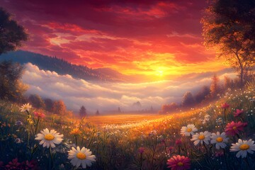 Sunrise over misty mountain meadow, wildflowers, peaceful landscape, fantasy art, game background