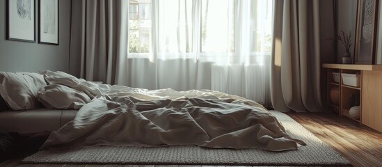 Aufkleber - cozy bedroom with gray curtains natural light and unmade bed creating a serene and inviting atmosphere