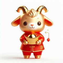 Wall Mural - A cute 3D Goat in a red Chinese outfit holds gold ingots and coins. It symbolizes wealth and good fortune for the Lunar New Year celebration