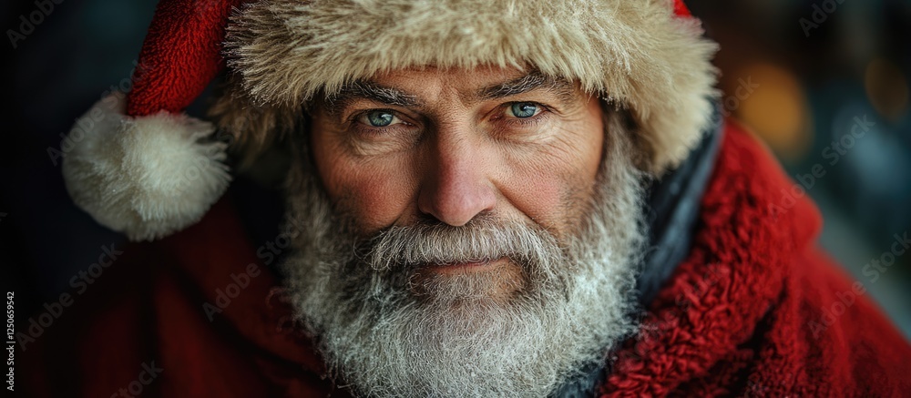 Homeless man with a Santa Claus appearance expressing hunger and ...