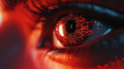 Canvas Print - Close-up of a woman's eye with a futuristic circuit board design in the pupil.