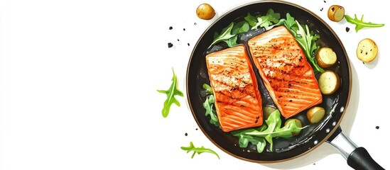 Sticker - Grilled salmon fillet in frying pan with greens and potatoes on white background ideal for food advertising or culinary promotions