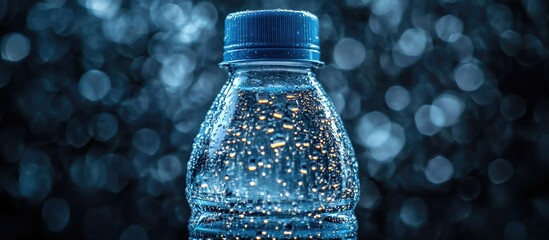 Sticker - Water droplets on a clear bottle create mesmerizing reflections with a dark, blurred background enhancing the visual appeal of hydration.