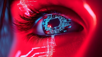 Canvas Print - Close-up of a woman's eye with a digital circuit board reflection.