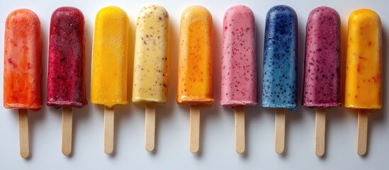 Sticker - Colorful ice cream popsicles arranged on a white background showcasing vibrant flavors for summer celebrations and festive occasions.