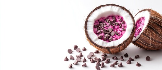 Canvas Print - Coconut Half Filled with Chocolate Chips and Dried Pitaya on White Background with Copy Space for Text Use in Food Photography