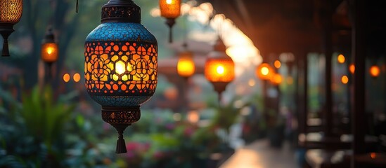 Sticker - Beautifully decorated hanging lamp illuminating a garden path in Ambarawa Central Java Indonesia showcasing traditional lighting design.