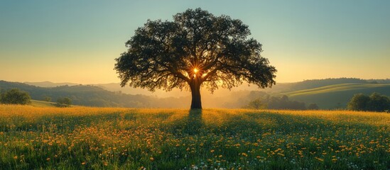 Sticker - Majestic tree at sunrise in a serene meadow with golden light illuminating the landscape and surrounding hills