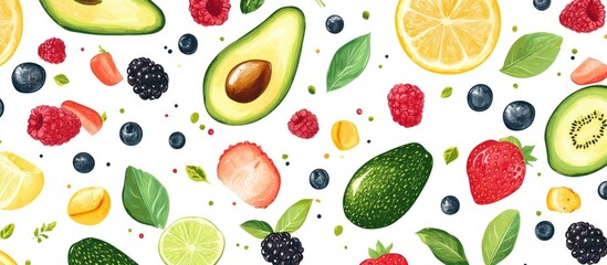 Canvas Print - Seamless pattern of avocado slices, berries, and citrus fruits on white background for healthy food and smoothie themes with copy space.