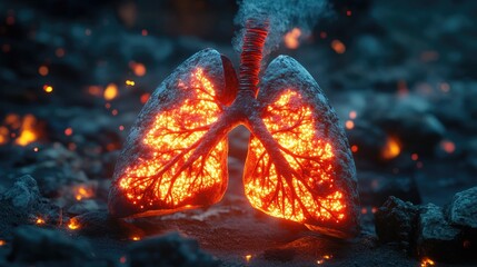Poster - A futuristic medical visualization of lungs under attack by viral infections, glowing red areas indicating disease.