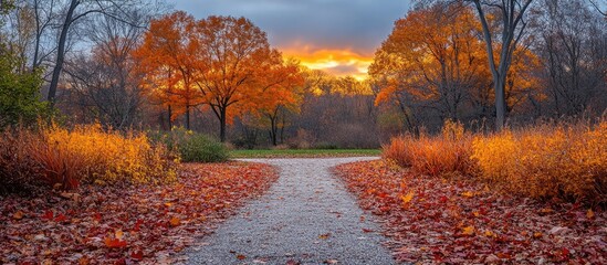 Wall Mural - Autumn Landscape with Vibrant Leaves and Scenic Pathway Under Golden Sunlight