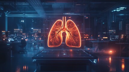 Poster - A glowing 3D representation of human lungs being studied in a high-tech research facility.