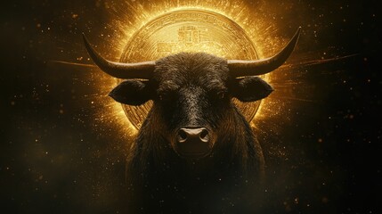 Poster - A golden Bitcoin coin shines against a backdrop of a bull charging upward, symbolizing a strong bull market surge.