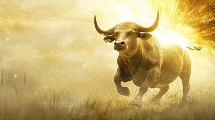 Poster - A golden Bitcoin coin shines against a backdrop of a bull charging upward, symbolizing a strong bull market surge.
