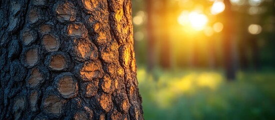 Wall Mural - Beautiful patterns of tree bark illuminated by soft sunlight in a tranquil forest setting showcasing nature's intricate textures.