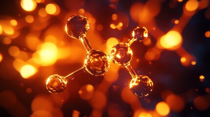 Poster - Molecular structure with bright orange glowing bokeh lights background