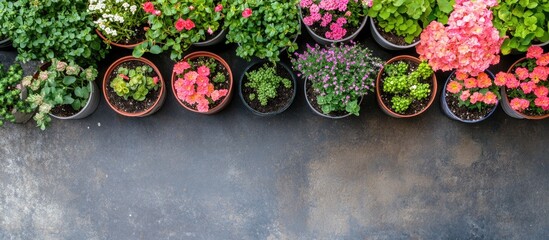 Canvas Print - High angle view of vibrant flowering potted plants in rows with textured background and ample empty space for text or design elements