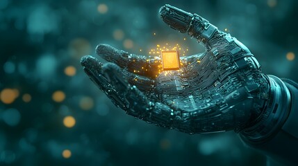 Poster - Glowing Mechanical Hand Emitting a Powerful Digital Energy Spark in a Futuristic Cyberpunk Inspired Setting Symbolizing Innovation Technology and the Digital Frontier