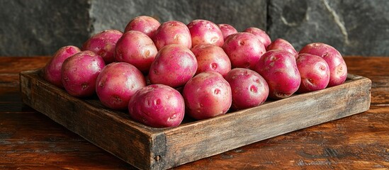 Poster - Fresh organic red potatoes arranged on a rustic wooden tray against a textured slate background emphasizing natural produce and healthy eating.