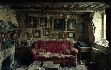 Antique furniture in dilapidated room with portraits.  Possible stock photo use