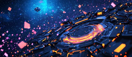 Wall Mural - Pixel Art Spaceship in Cosmic Nebula