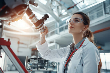 Poster - woman scientist in lab coat examines telescope with focus