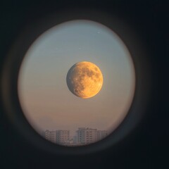 Wall Mural - Pixelated Full Moon over Cityscape at Night Viewed Through Telescope