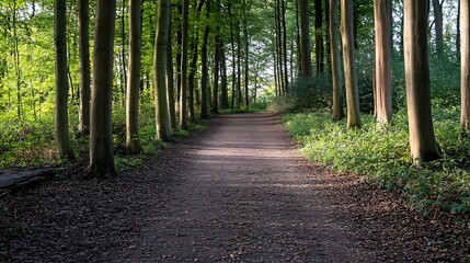 Aufkleber - Serene pathway through a lush green forest with tall trees and soft sunlight filtering through leaves : Generative AI