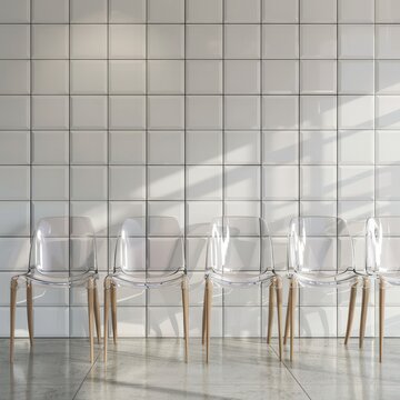 Four transparent chairs with wooden legs sit in front of a white tiled wall