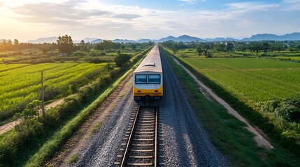 Poster - Beautiful train traveling through green fields and mountains at sunset : Generative AI
