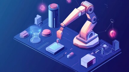 Poster - Robotic Automation System Isometric View Illustration for Modern Industry