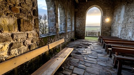 Poster - Sunlight Streaming Through Arched Window of an Old Stone Church Interior with Benches : Generative AI