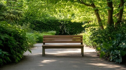 Aufkleber - Cozy wooden bench in a lush garden surrounded by greenery and trees inviting tranquility : Generative AI
