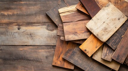 Poster - Assorted Wooden Planks Piled Together on a Rustic Wooden Surface : Generative AI