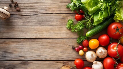 Poster - Fresh and colorful assortment of organic vegetables arranged on rustic wood surface for healthy cooking inspiration : Generative AI
