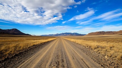 Poster - Wide open dirt road stretching into vast landscape under a bright blue sky : Generative AI