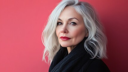 Wall Mural - Confident mature woman with stylish silver hair and red lipstick against a coral background.