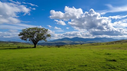 Poster - Scenic view of a lone tree in a vast green field with panoramic mountains and blue skies : Generative AI