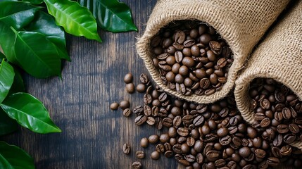Poster - Freshly roasted coffee beans spilling from burlap sacks surrounded by lush coffee plant leaves : Generative AI