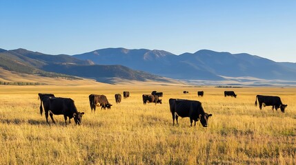 Poster - Herd of curious black cows grazing peacefully in a sprawling golden field with picturesque mountains in the distance : Generative AI