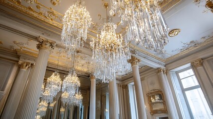 Poster - Opulent chandelier with crystal details illuminating an elegant room with exquisite architecture : Generative AI