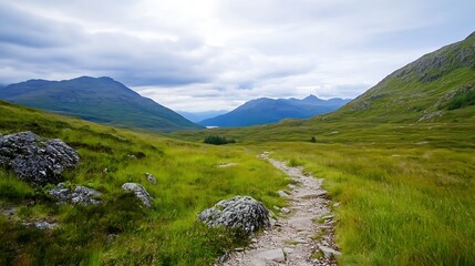 Aufkleber - Scenic view of a tranquil pathway through lush green hills and mountains under a cloudy sky : Generative AI