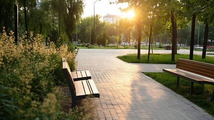 Poster - Sunset casting warm golden light over a peaceful park pathway with benches and greenery : Generative AI