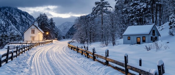 Wall Mural - Snowy Landscape with Illuminated Cabins and Winding Road