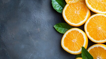 Aufkleber - freshly cut orange slices curled on a dark background with green leaves for a vibrant display : gene