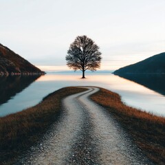 Canvas Print - Solitary Tree on a Lake Path at Sunset